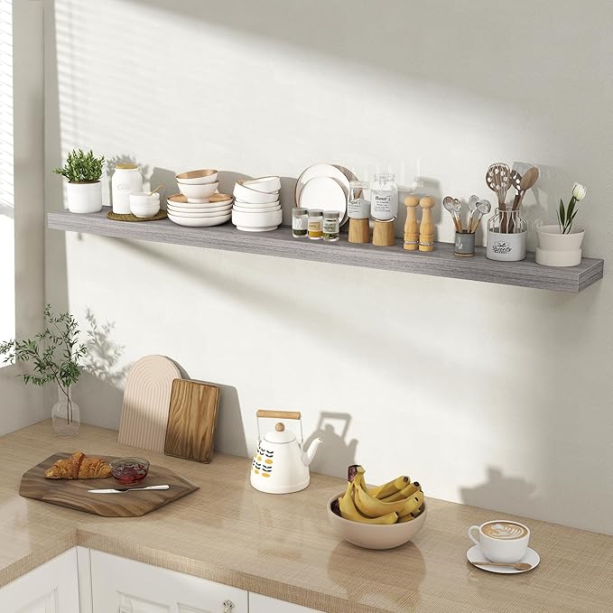 Acovy 55 Inch Floating Shelves for Wall 1 Pack, 55" Wall Shelves for Books, Storage, Decor, Wall Mounted Floating Shelf with Invisible Brackets for Kitchen, Living Room, Gray