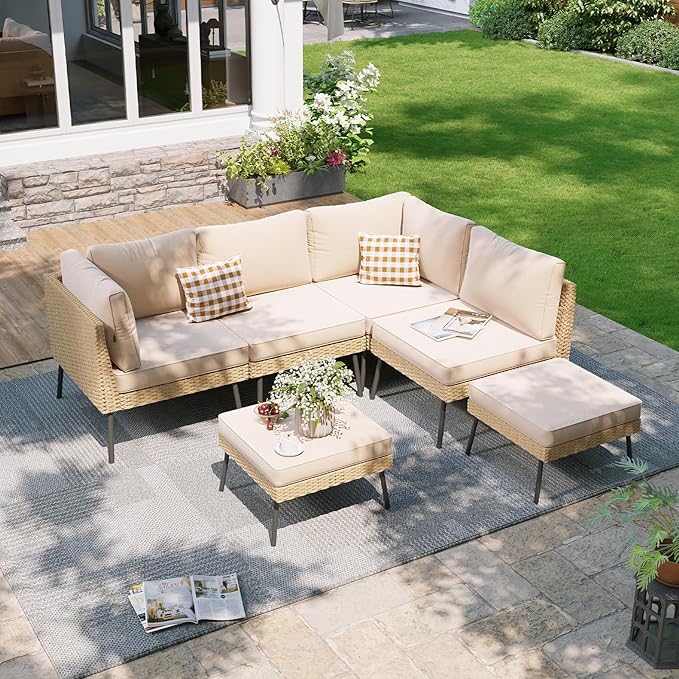 Aoxun 6-Piece Patio Furniture Set, Wicker Outdoor Furniture with Water Resistant Thick Cushions, Patio Conversation Set Outdoor Sectional Sofa with Coffee Table for Backyard Poolside, Beige