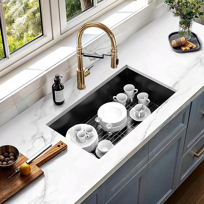 YITAHOME Black Kitchen Undermount Sink 32in Single Bowl 16 Gauge Stainless Steel Nano Gunmetal Black Sink with Accessories for Workstation, Prep Kitchen, Bar 32 x 19 x 10in