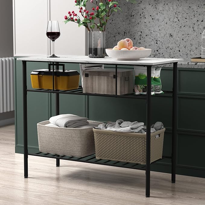 Multifunctional Counter Height Kitchen Dining Room Prep Table Kitchen Island, Kitchen Storage Rack with Large Worktop & Shelves, Console Side Table for Living Room, Faux Marble Tabletop (C) (A)