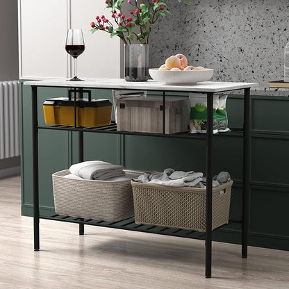 Multifunctional Counter Height Kitchen Dining Room Prep Table Kitchen Island, Kitchen Storage Rack with Large Worktop & Shelves, Console Side Table for Living Room, Faux Marble Tabletop (C) (A)