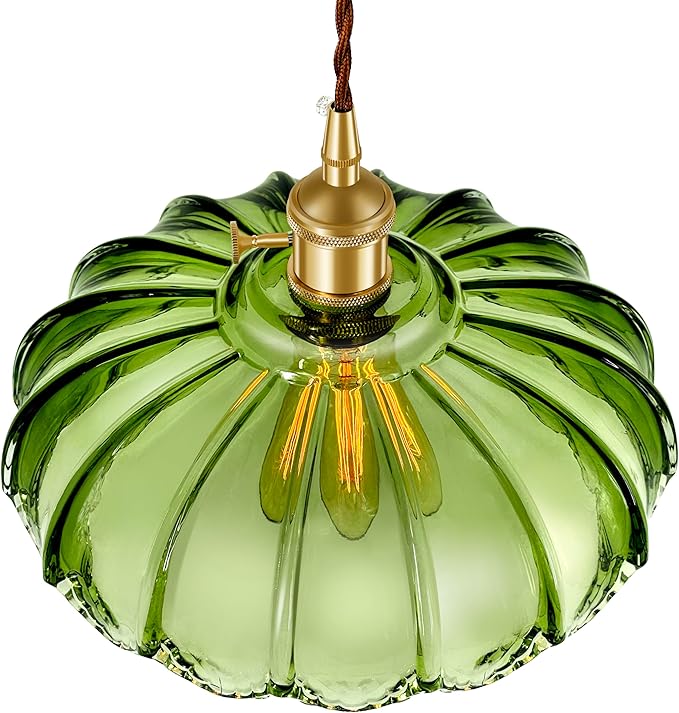 Plug-in Pendant Light Fixture, Hanging Light Fixture, Glass Pendant Light, Swag Lamp with Inline On/Off Switch for Kitchen Island, Bedroom, Dining Room, Living Room (Green Lotus, Plug-in)
