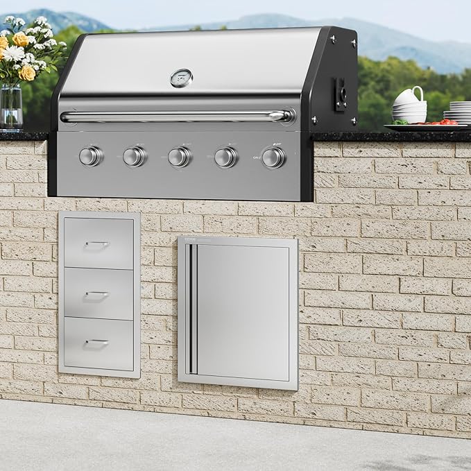 VEVOR Outdoor BBQ Kitchen Door, 18W x 21H Inch Stainless Steel Flush Mount Vertical Door with Recessed Handle, for BBQ Island, Grilling Station, Outside Cabinet