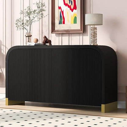 Merax Sideboard Buffet Cabinet with Storage Adjustable Shelves & Unique Curved Corner, Wavy Door Panel Accent Wood Console Table for Coffee Bar, Living Room and Entrance, Easy Assembly, Black