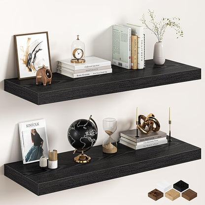 40Inch Black Floating Shelves for Wall, 12 Inch Deep Shelves for Bedroom, Kitchen, Bathroom Wall Mounted, Rustic Wood Floating Shelf with Invisible Brackets for Books, Storage, Decor, 2 Packs
