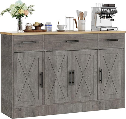 Shintenchi Buffet Cabinet with Storage,53.4" Large Kitchen Storage Cabinet with 3 Drawers and 4 Doors,Wood Farmhouse Buffet Sideboard with Adjustable Shelf for Kitchen Living Room, Gray