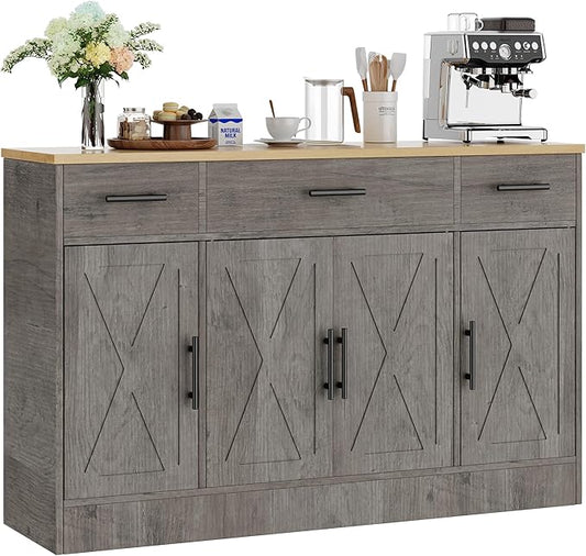 Shintenchi Buffet Cabinet with Storage,53.4" Large Kitchen Storage Cabinet with 3 Drawers and 4 Doors,Wood Farmhouse Buffet Sideboard with Adjustable Shelf for Kitchen Living Room, Gray