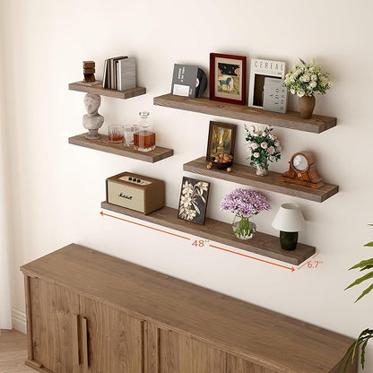 BGMG Floating Shelves for Wall 48 inch Long Set of 2,Wide Rustic Wooden Wall Shelves for Bathroom Living Room Bedroom Kitchen Farmhouse-48x6.7x1.25 inch- Dark Walnut