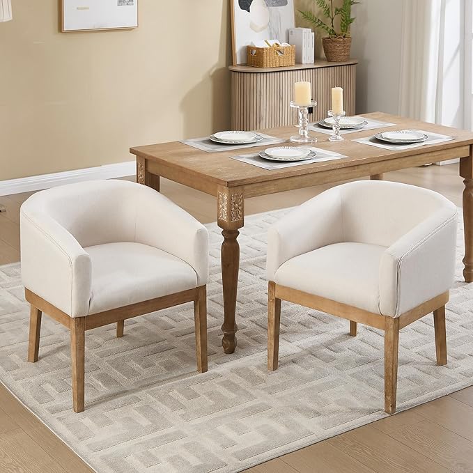 Barrel Dining Chairs Set of 2, Mid Century Modern Farmhouse Kitchen Chairs with Wood Legs, Linen Upholstered Accent Chair with Arms for Living Room/Bedroom, Beige