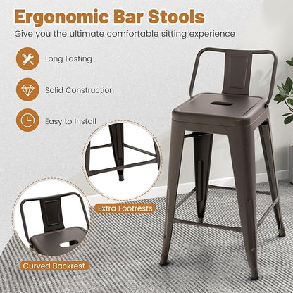 COSTWAY Metal Bar Stools Set of 4, with Removable Back, 24'' Counter Height Stools with Rubber Feet, Stylish and Modern Chairs, for Kitchen, Dining Rooms, and Side Bar (Gun, 24'')