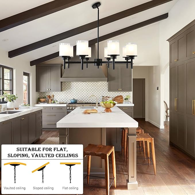 8-Light Farmhouse Chandelier for Dining Room Kitchen Island,Black Modern Pendant Lighting with White Frosted Glass Shades,Industrial Metal Hanging Ceiling Light Fixture for Bedroom Hallway
