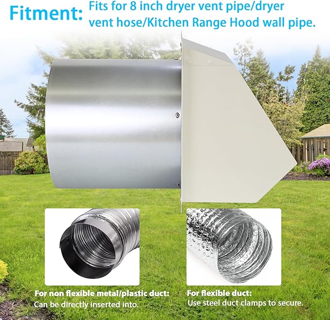 8 Inch Hooded Wall Vent with Screen and Damper,Outdoor Wall Exhaust Vent Cover Cap for Range Hood Kitchen HVAC Duct Dryer Ventilation and Outside Air Exhaust,Galvanized Steel Wall Mount Exhaust Vent