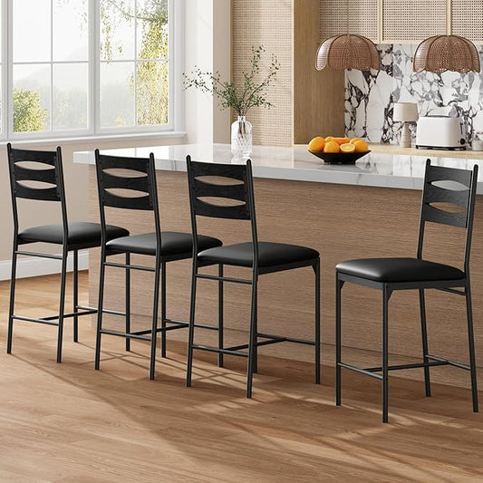 Garvee Bar Stools Set of 4, Counter Height Bar Chairs with Back and Thick Cushion, Upholstered Dining Chairs with Padded Seat, Barstools for Kitchen Island, Bar, Dining Room, Black