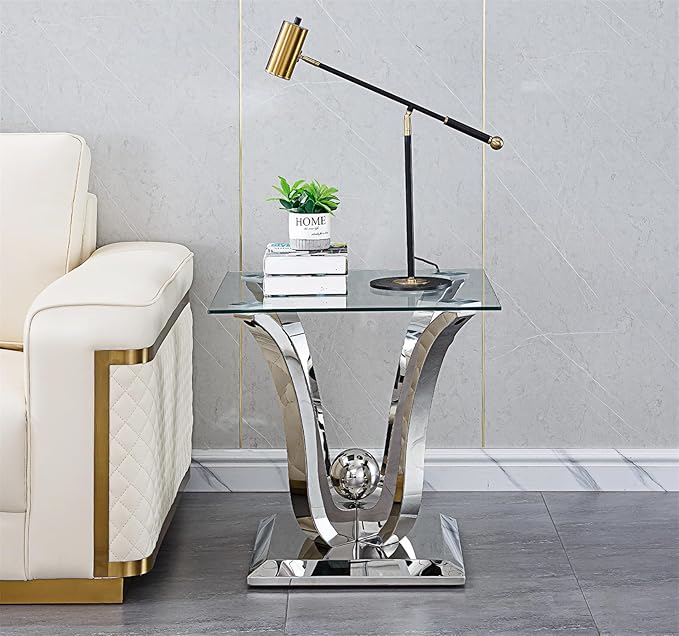 Luxury Glass Coffee Table Set of 3 Piece Silver Living Room Table Set of 3 Including Coffee and End Tables Set,Gorgeous Stainless Steel Frame, Clear Glass Top for Living Room Home Office Apartment