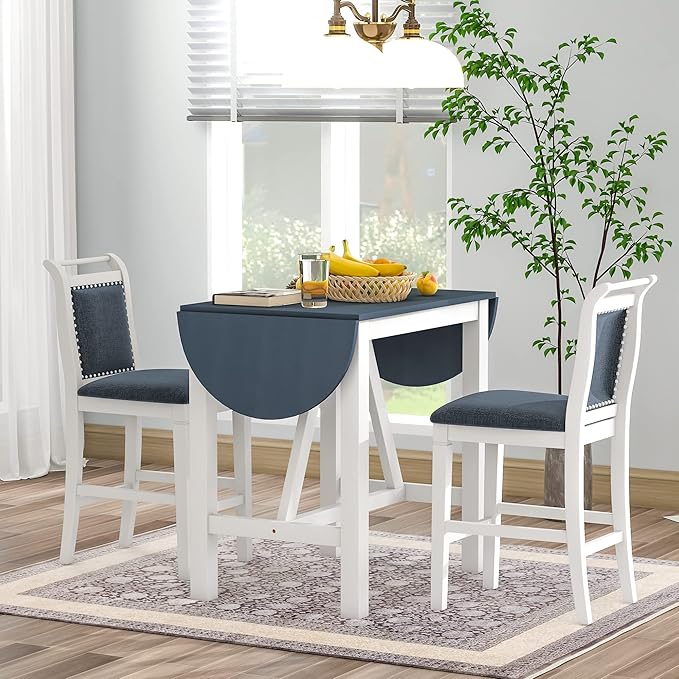 RUNNA Farmhouse 3-Piece Counter Height Dining Table Set with 2 Upholstered Chairs and Extendable Drop Leaf,Wood Kitchen Table for Small Place Use (White#A)