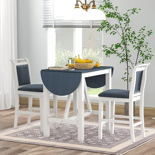 RUNNA Farmhouse 3-Piece Counter Height Dining Table Set with 2 Upholstered Chairs and Extendable Drop Leaf,Wood Kitchen Table for Small Place Use (White#A)