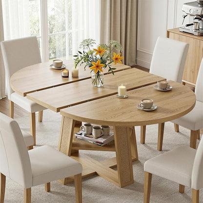 LIKIMIO 43"-59" Extendable Round Dining Table for 4-8, Transformer Oval Dining Room Table with Removable Leaves Space Saving, Wood Base Modern Kitchen Table with Storage Shelf for Living Room, Natural