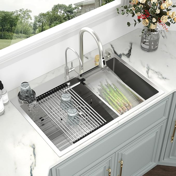 Kichae Waterfall Kitchen Sink Drop In - Kitchen Sink 33x19 Drop In Waterfall with Hot & Cold Water Stainless Steel 16 Gauge Handmade Single Bowl Workstation Sinks with Glass Rinser & Faucet Combo