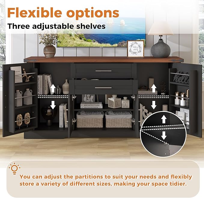 Buffet Cabinet with Storage, 63" Large Sideboard Storage Cabinet with Drawer, 4 Doors and Shelves, Modern Farmhouse Coffee Bar Table Kitchen Island Credenza for Kitchen, Dining, Living Room (Black)