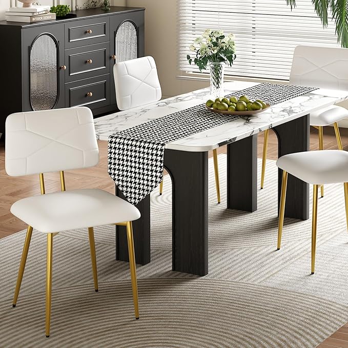 VECELO Dining Chairs Set of 2, Modern Upholstered Kitchen Chairs with Faux Leather Cushion Seat & Metal Legs for Kitchen, Living Room, Tufted Backrest Design, White