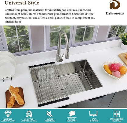 27 Inch Undermount Kitchen Sink - Delironexu 16 Gauge Stainless Steel Sinks, 27''x18'' Single Bowl Kitchen Sinks, Undermount Sink with 4 Accessories