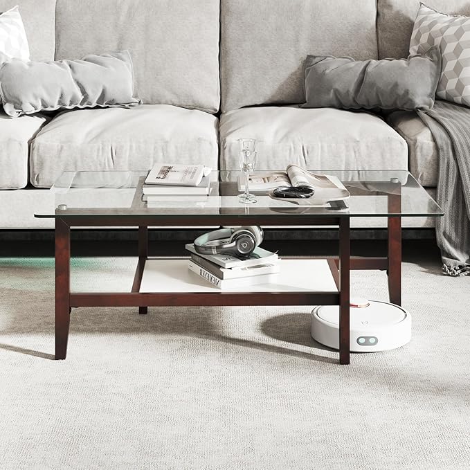 Giantex Glass Coffee Table, 42 Inch 2-Tier Rectangular Cocktail Table with Storage Shelf & Solid Rubber Wood Legs, Modern Center Table for Living Room, Home Office, Brown