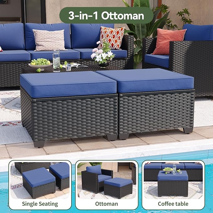 Aoxun 8 Piece Outdoor Patio Furniture Set 7 Seats, Outdoor Sectional with Thick Waterproof Cushions, Patio Conversation Sets for Garden,Backyard, Porch, Balcony, Deck, Black & Blue
