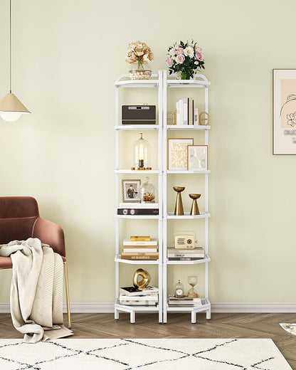 Hzuaneri Corner Shelf Stand,6-Tier Glass Bookshelf Bookcase, Bathroom Organizer, Plant Stand, Steel Frame, Tempered Glass, Modern Style for Living Room, Bathroom, Kitchen, White CS90613W