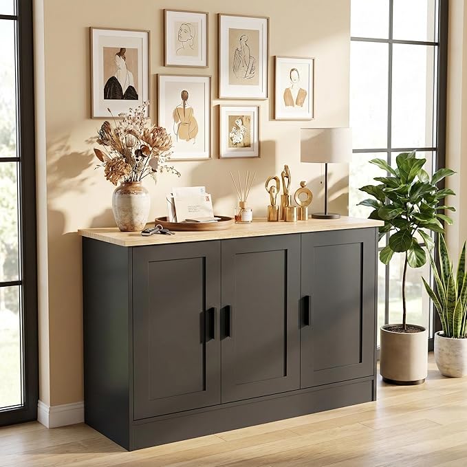 Anystyle 43" Black Buffet Cabinet with Black Handles, Small Kitchen Sideboard with 3 Doors & Adjustable Shelves, Modern Entryway Credenza & TV Console Table for Living Room, Dining Room