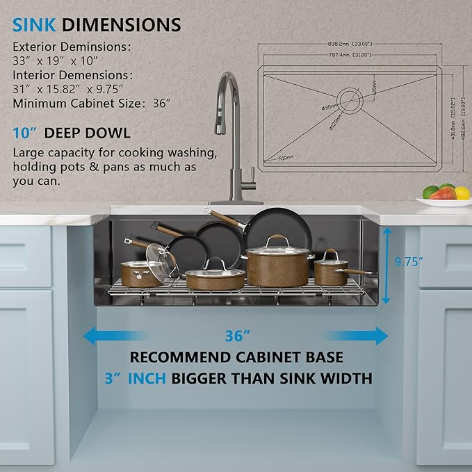33 Undermount Kitchen Sink Black - Fulorni 33"x19" Kitchen Sink Ledge Workstation Gunmetal Black NANO-PVD 16 Gauge 304 Stainless Steel Under Counter Single Bowl Basin