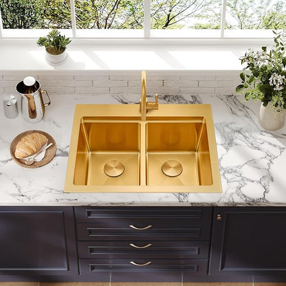 MILOSEN 28 Inch Gold Double Bowl Kitchen Sink, Gold Drop in 16 Gauge T304 Stainless Steel Sinks, Workstation Sink 50/50 Topmount Double Basin with Accessories, 10'' Deep Laundry Outdoor Sinks