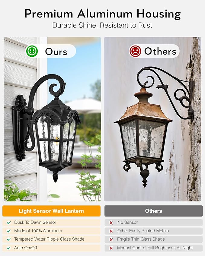 VIANIS Black 2-Pack Outdoor Porch Lights, Dusk to Dawn Outdoor Lighting, Anti-Rust Waterproof Garage Light Wall Mount, Modern Patio Wall Sconce with Rippled Glass, Outside Lights for House, Entryway
