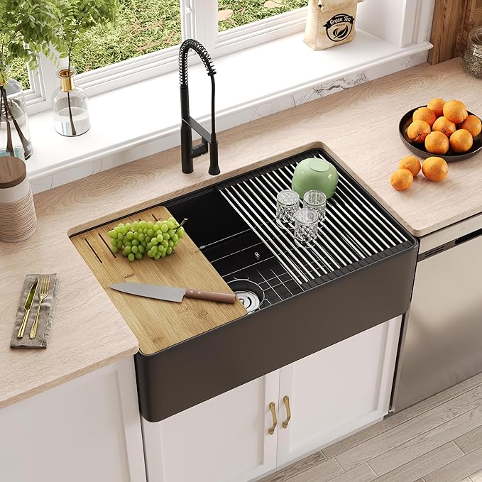 DeerValley Black Farmhouse Sink for Kitchen 33 inch, Fireclay Farmhouse Single Bowl Kitchen Sink, Front Apron Workstation Sinks with Grid, Strainer & Workstation Accessories