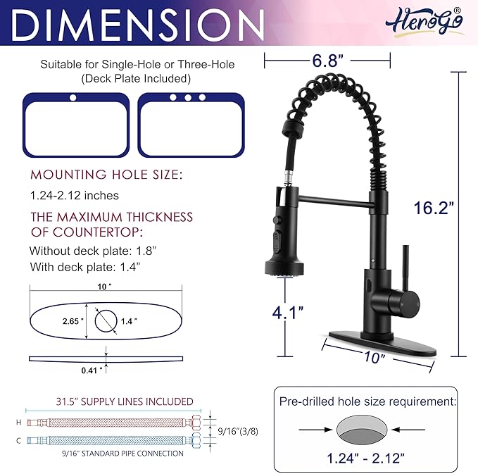 Herogo Touchless Kitchen Faucets with Soap Dispenser, Motion Sensor Activated Commercial Stainless Steel Sink Faucets with Pull Down Sprayer, Matte Black Single Handle Faucets for Vanity Farmhouse RV
