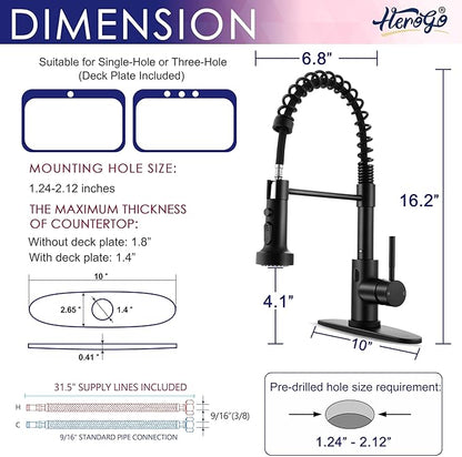 Herogo Touchless Kitchen Faucets with Soap Dispenser, Motion Sensor Activated Commercial Stainless Steel Sink Faucets with Pull Down Sprayer, Matte Black Single Handle Faucets for Vanity Farmhouse RV