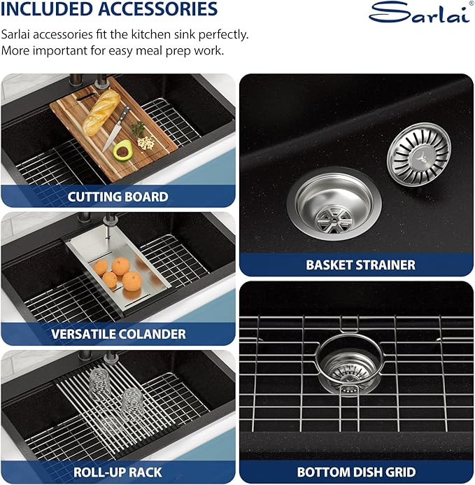 Sarlai Granite Composite Kitchen Sink - 33"x22" Drop In Kitchen Sink Matte Black Ledge 33 Inch Workstation Granite Quartz Composite Top-Mount Single Bowl Sinks Basin with Accessories