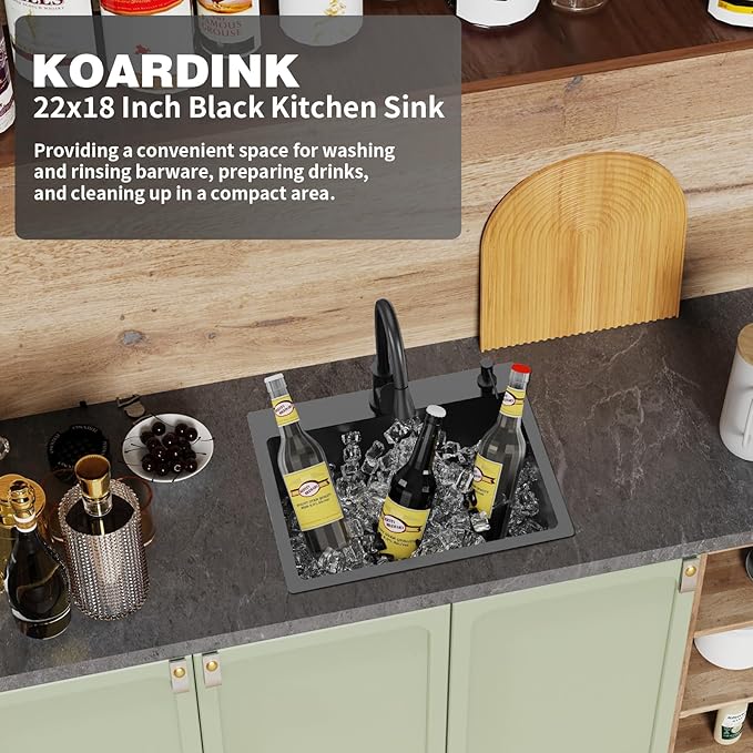 Black Kitchen And Bar Sink, 22x18 Inch Stainless Steel Drop In Kitchen Sink Modern Single Bowl Topmount Bar Sink Combo-Silicon Mat,Drain Strainer Set Compatibility With Various Kitchen & Bar Style