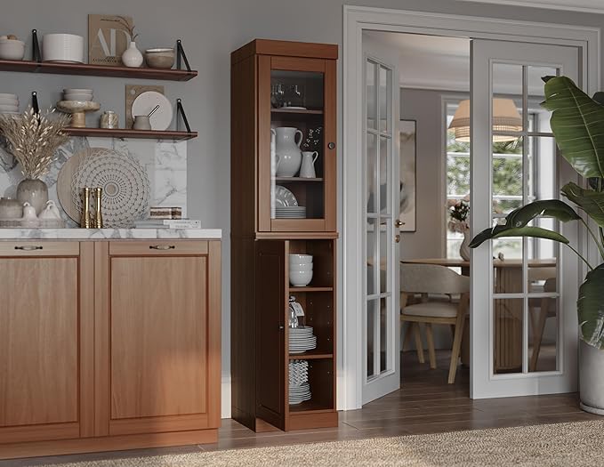 Palace Imports Solid Wood Kitchen Pantry - Narrow Storage Cabinet - 16.5" Wide x 71.5" Tall - 1 Raised Panel & 1 Glass Door, Mocha, Adjustable Shelves, 100% Eco-Friendly Wood, Modular Cabinets