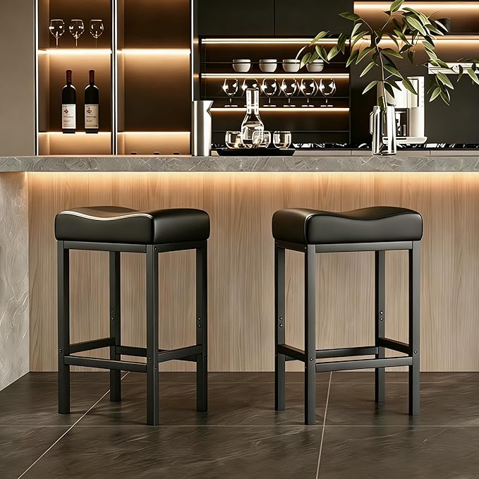 Monhey 24 Inch Bar Stools Set of 2 - Counter Height Bar Stools with Soft Leather Seat, 300LB Heavy Duty Backless Padded Barstool Chair Easy Assembly for Modern Kitchen Island Counter (Black)