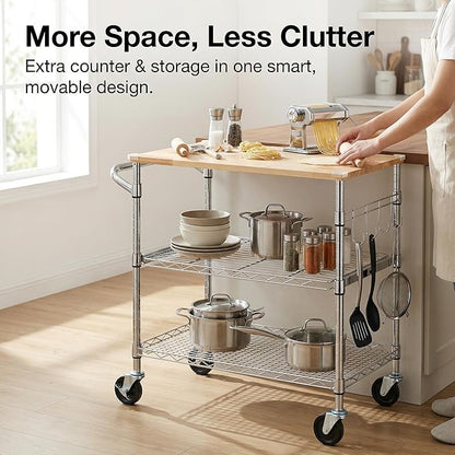 Finnhomy 3-Tier Rolling Kitchen Cart With 18" D x 30" W Oak Wood Tabletop, Kitchen Island With 4" Wheels and Slider Shelf, Microwave & Coffee Cart With Hooks for Dining Room, Chrome