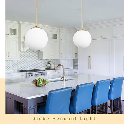 Bagood 14" Globe Pendant Light 3-Light Gold Mid Century Modern Light Fixture Milk Glass Pendant Light Globe Pendant Lights Kitchen Island Brushed Brass Finished with Milk Glass Lampshade for Bedroom