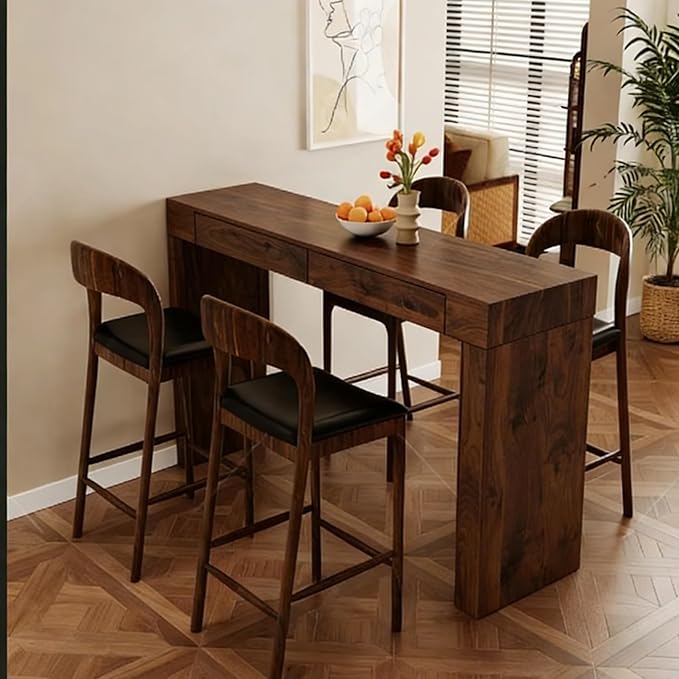 Counter Height Dining Set with Rattan Back Stools,Bar Table with 2 Drawers,Upholstered Kitchen Island Chairs,Chrome Cantilever Frame,Modern Furniture for Dining Room (Walnut Table,No Chairs)