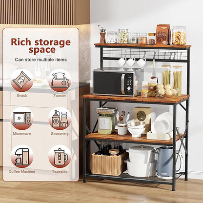 Furologee Kitchen Bakers Rack with Hutch,Coffee Stand with Storage 4 Tiers,Coffee Bar Station with a 31.5 Inch Larger Desktop and 8 S Hooks,Kitchen Microwave Rack for Spices,Pots,Rustic Brown