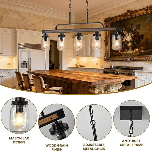 5-Light Rustic Farmhouse Dining Room Light, Black Mason Jar Chandelier Lighting Fixture for Kitchen Island, Dining Room, Cluster Hanging Pendant Light with Jar Glass Shade