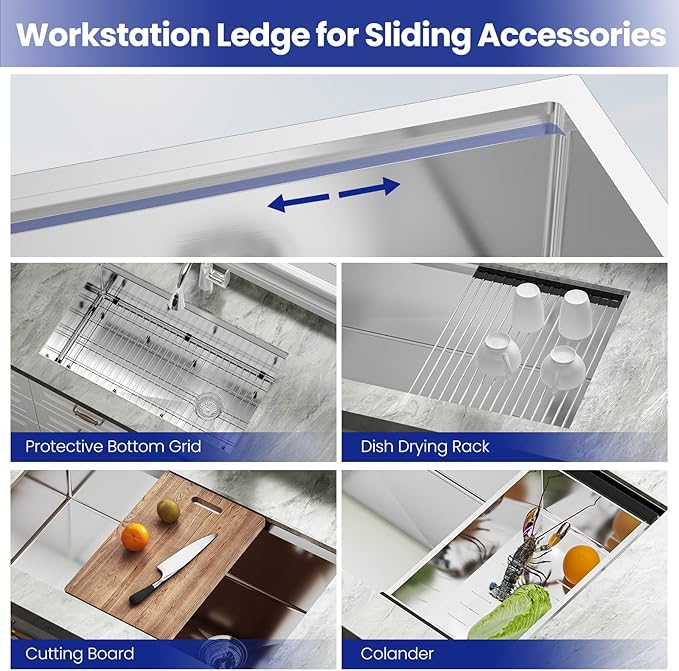 JOMOO 32‑Inch Brushed Stainless Steel Workstation Sink, 10″ Deep Single Bowl Undermount Kitchen Sink Set with Accessories