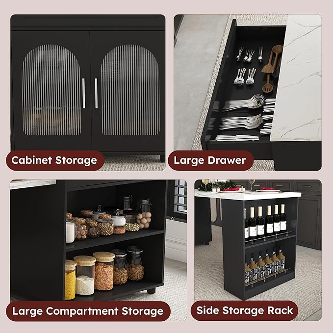 80" Expandable Kitchen Island with Dining Table, Marble Countertop & Power Outlet, Mobile Storage Cart with Cabinet & 2 Drawers, Black Kitchen Prep Table