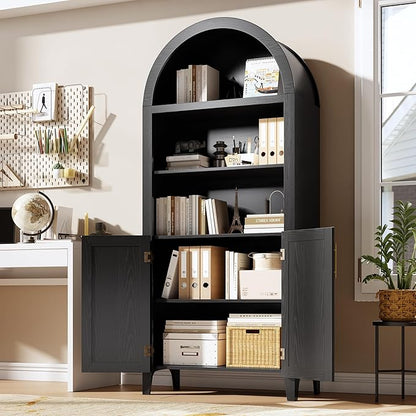 Garvee Arched Kitchen Pantry Storage Cabinet - 5-Tier Open Display Shelf with Rattan Decor, Farmhouse Storage Cabinet for Kitchen, Dining Room, Living Room, Black