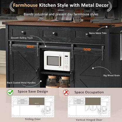 Merax 53.7" Kitchen Cart Island on Wheels with Power Outlet,Drop Leaf and 2 Sliding Barn Door,Farmhouse Wood Frame Storage Cabinet for Dining Room