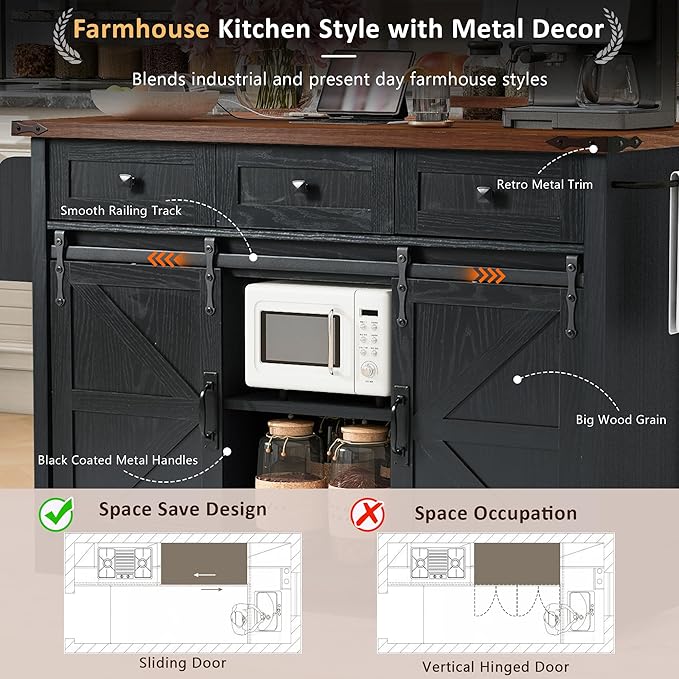 RUNNA Farmhouse Kitchen Island with Power Outlet, 2 Sliding Barn Door Kitchen Storage Island with Drop Leaf, Spice Rack Rolling Kitchen Cart on Wheels, for Home, Kitchen and Dining Room (Black~47)