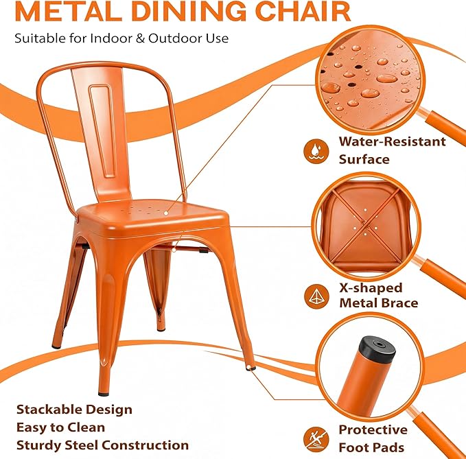 Shahoo Metal Dining Chairs Classic Iron Stackable Industrial Vintage Trattoria with Back, Indoor-Outdoor Side Settee for Home Bistro Cafe Kitchen Restaurant Set of 4, Orange